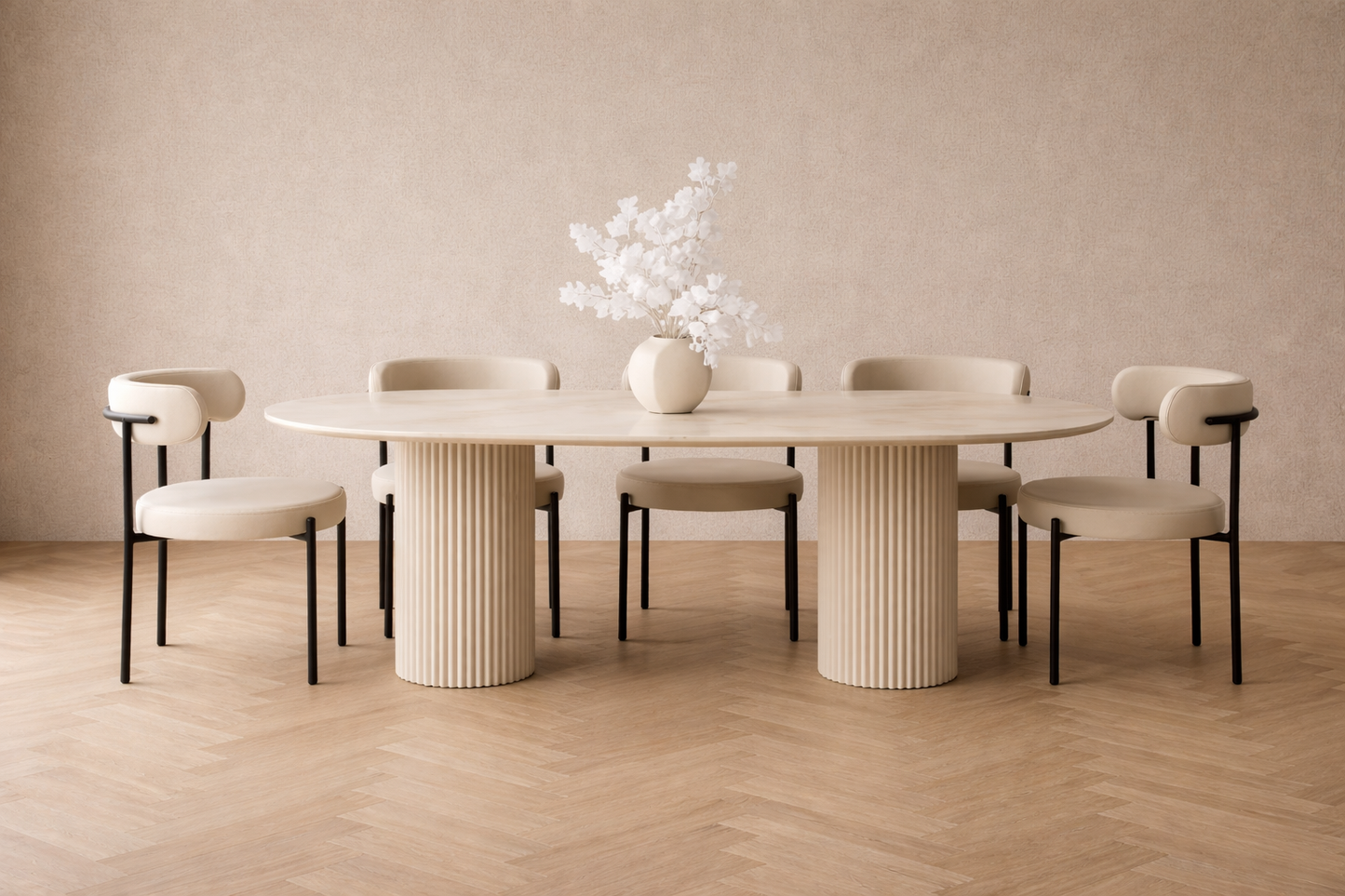 Japandi Eettafel Set – 6 Stoelen + Marmer Look Tafel