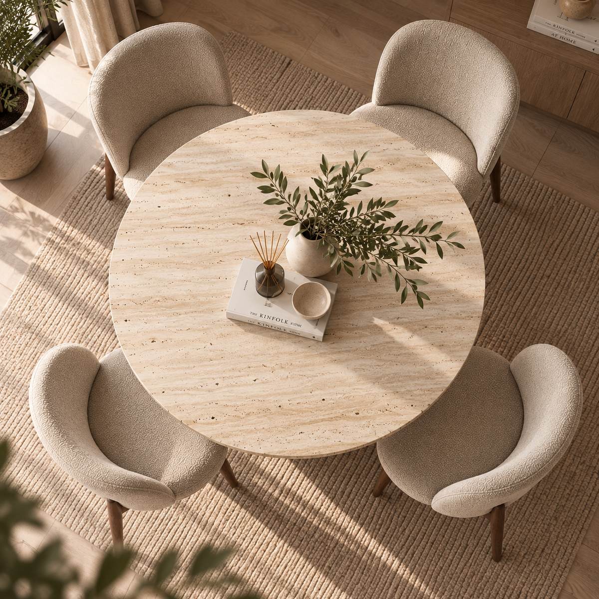 Aeris Travertin Eettafel – 100% massief Travertin Ronde Japandi Tafel