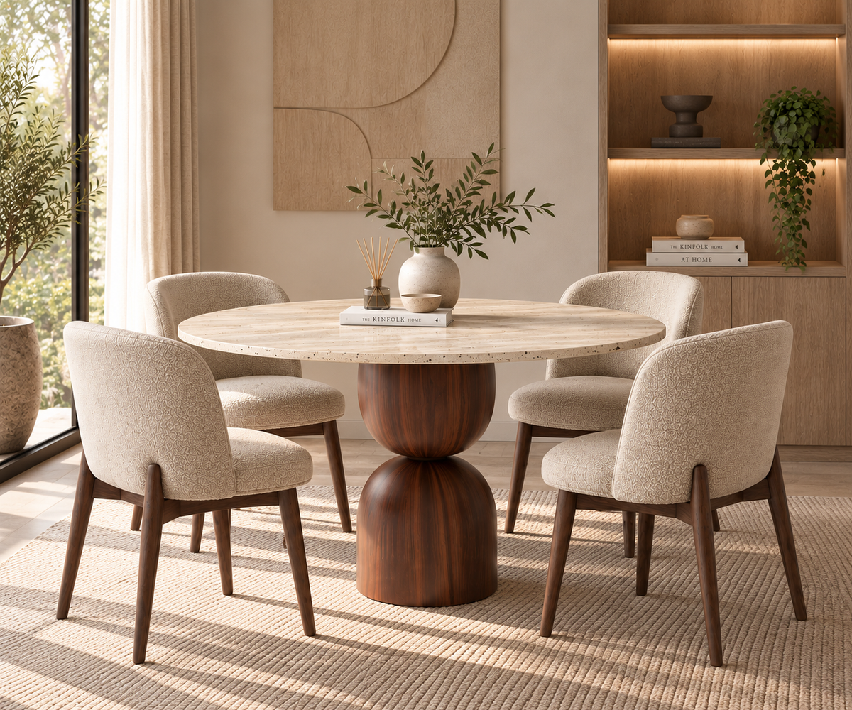 Aeris Travertin Eettafel – 100% massief Travertin Ronde Japandi Tafel