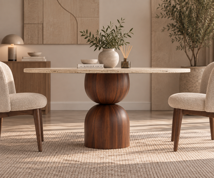 Aeris Travertin Eettafel – 100% massief Travertin Ronde Japandi Tafel