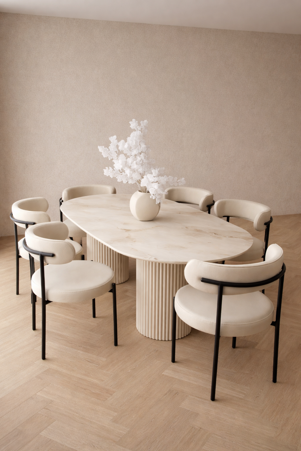 Japandi Eettafel Set – 6 Stoelen + Marmer Look Tafel