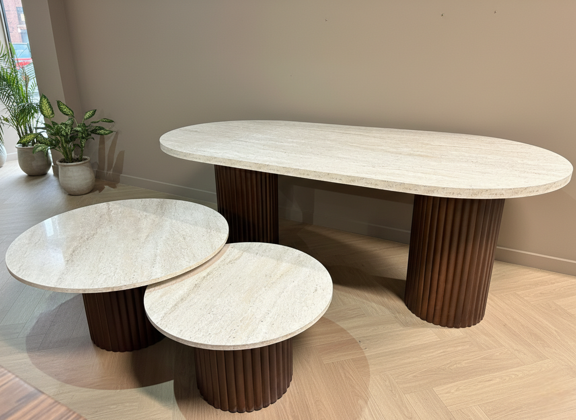 Travertin LOOK – Eettafel & Salontafel Set