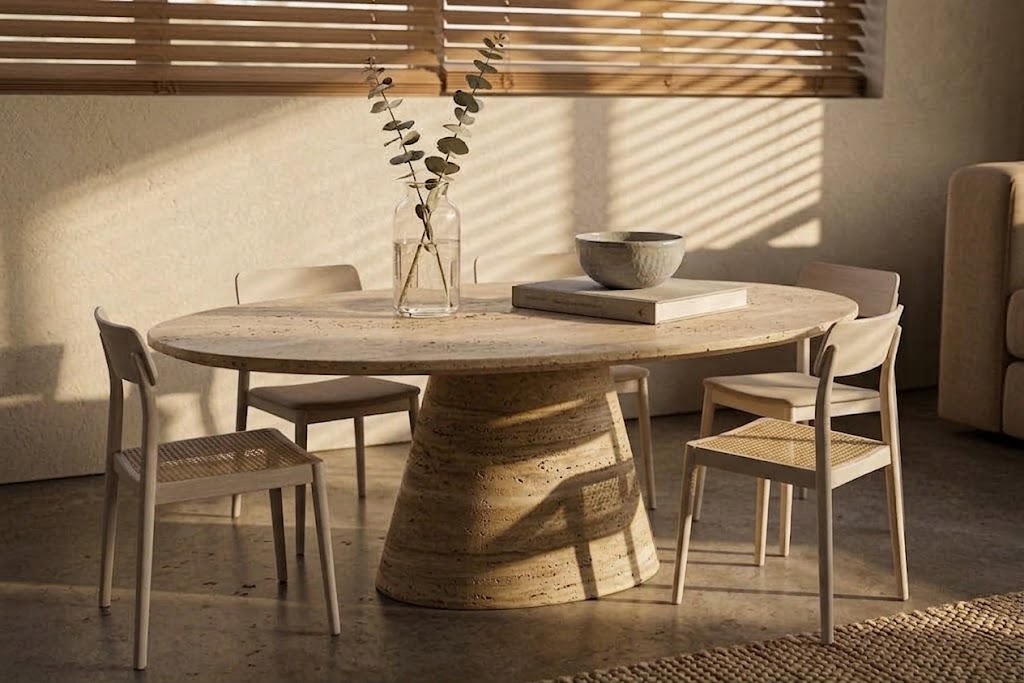 Ishiwa Travertin Eettafel – Ronde Japandi Tafel | Kinza