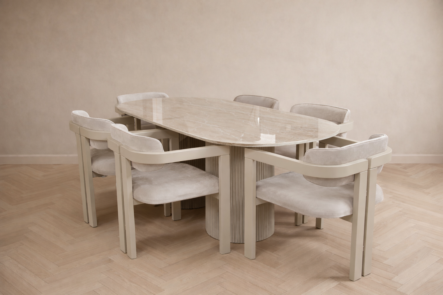 KINZA MIO EETTAFELSET met 6 stoelen – Travertin Look Ovaal